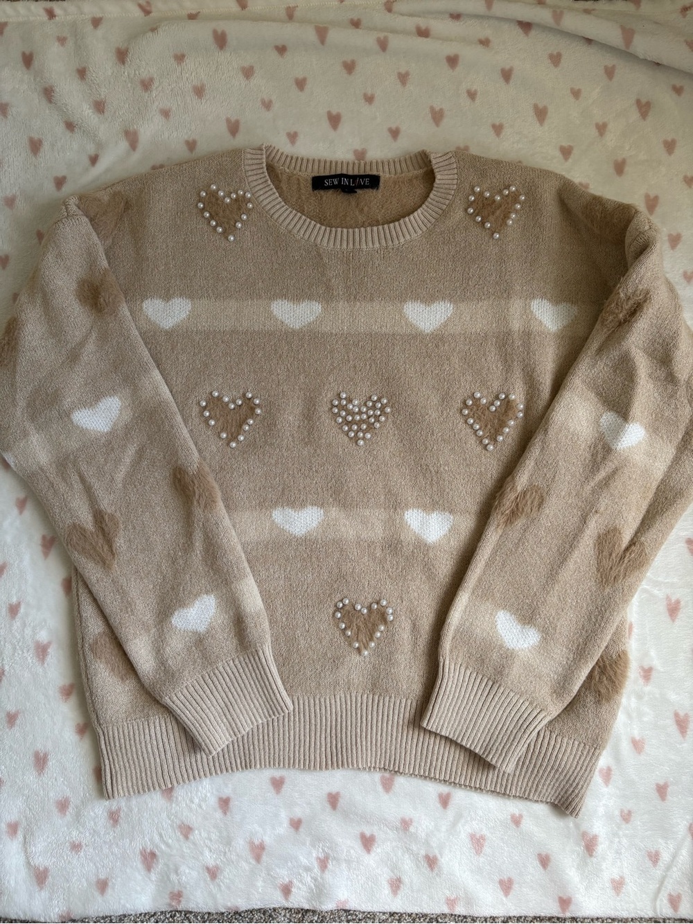 Sew In Love Beige Heart Pearl-Embellished Crewneck Sweater